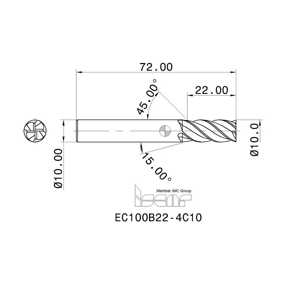 Iscar Square End Mill 10 00 Mm Dia 22 00 Mm LOC 4 Flute Solid