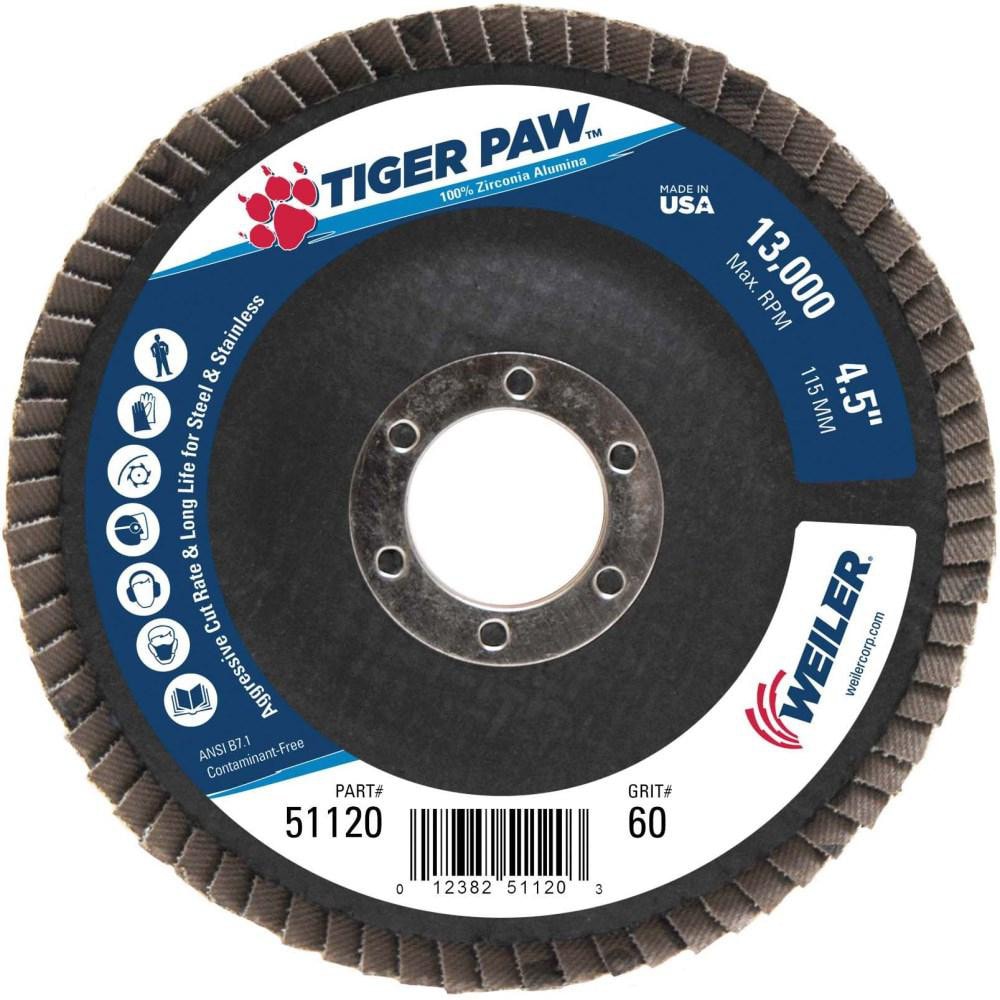 Weiler Flap Disc 4 1 2 Dia 7 8 Hole 60 Grit Zirconia Alumina