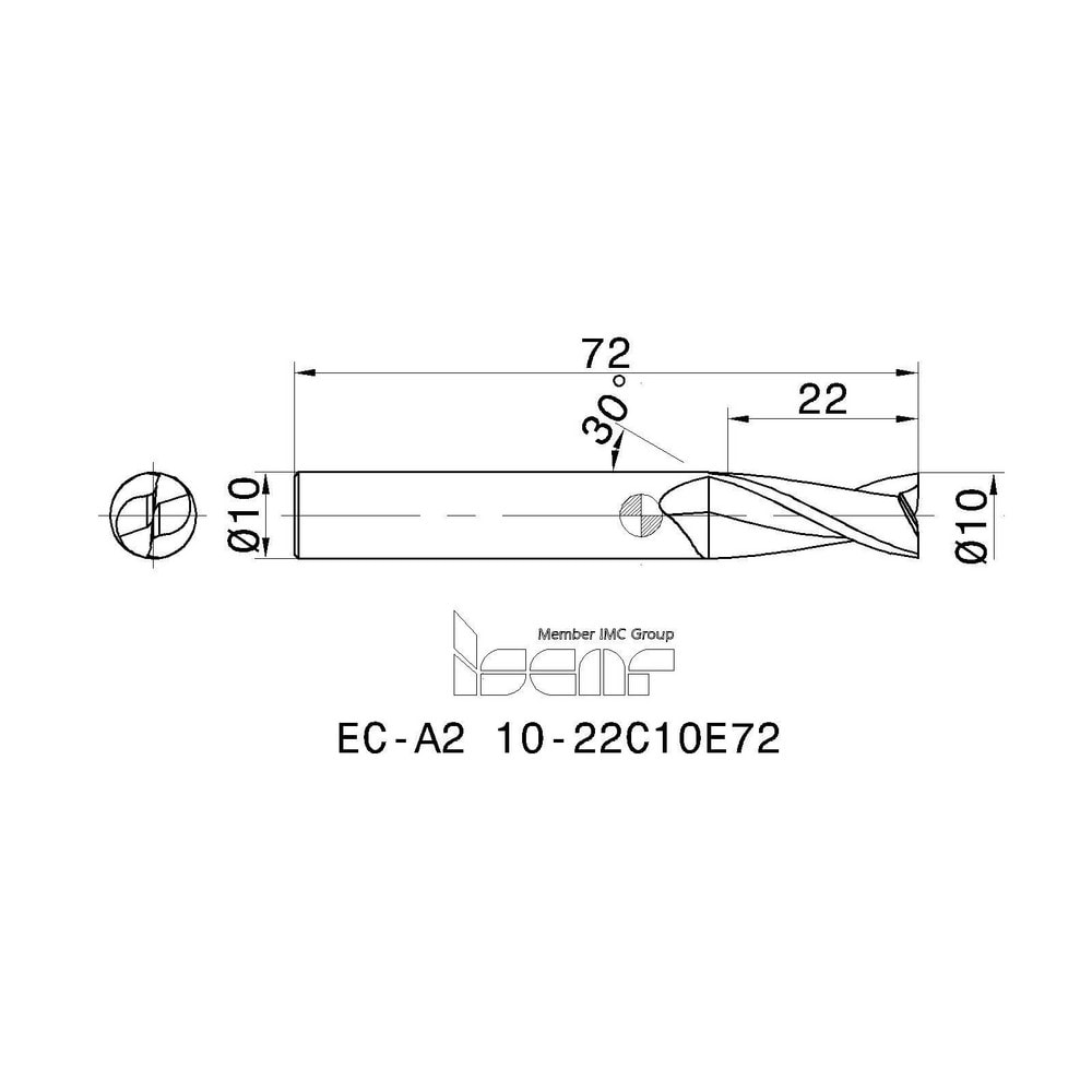 Iscar Square End Mill 10 00 Mm Dia 22 00 Mm LOC 2 Flute Solid