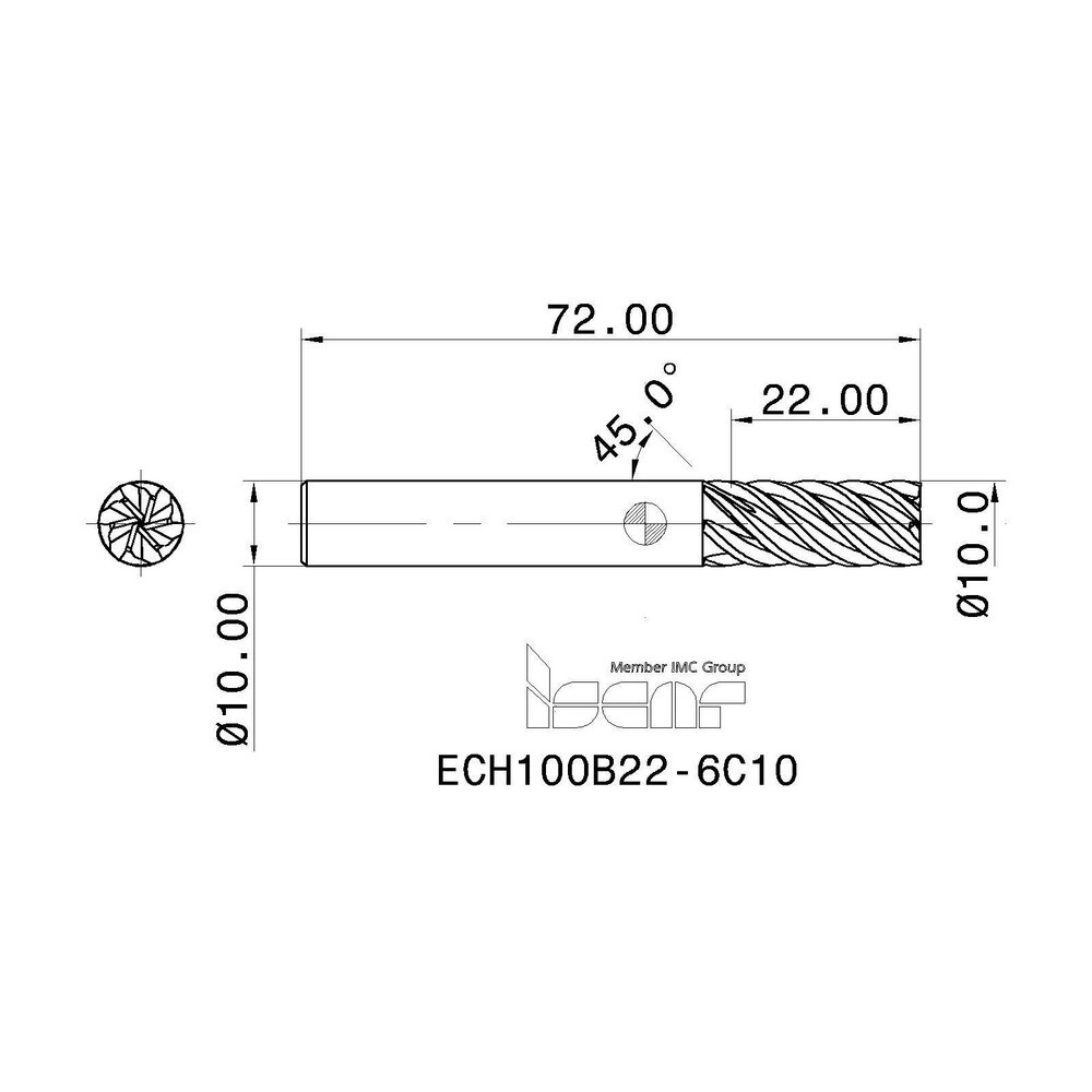 Iscar Square End Mill 10 00 Mm Dia 22 00 Mm LOC 6 Flute Solid