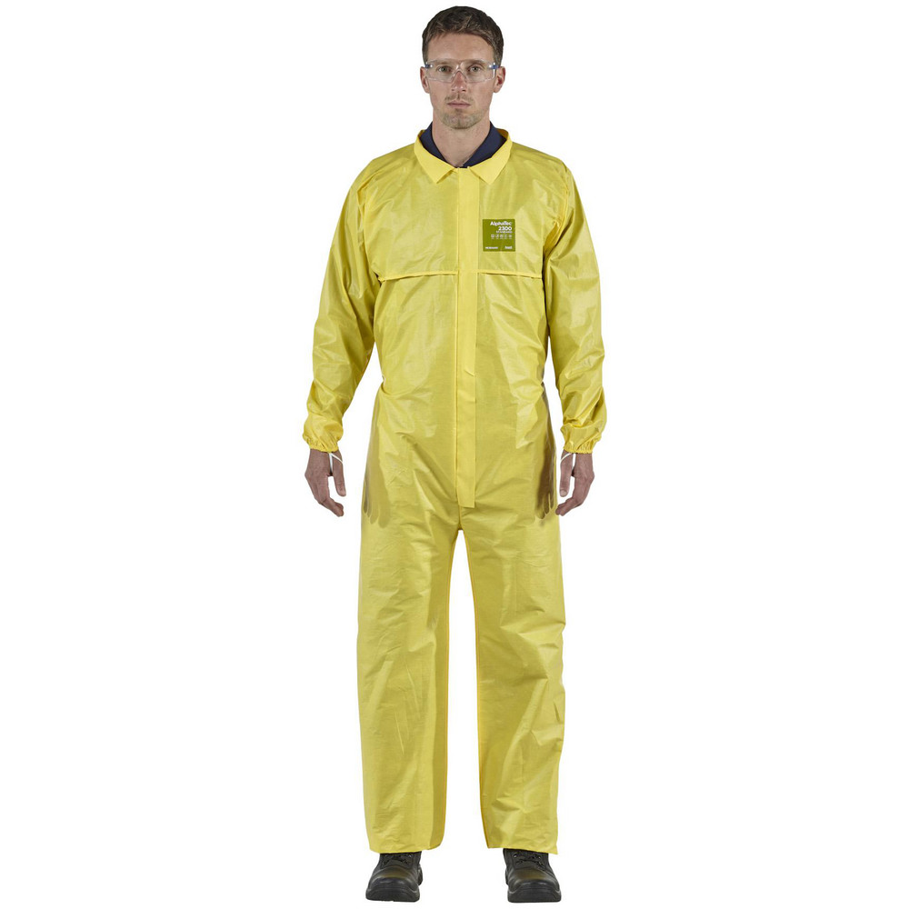 Disposable Coveralls: Size X-Large, 0.2055 oz, Polyethylene on Bicomponent & Polypropylene/Polyethylene Non-Woven Alphatec 2300 Model 103 - 2-Way Zipper with Storm Flap Closure,  Yellow,  Bound Seam, Elastic Cuff, Elastic Ankle, ISO Class Non-Cleanroom