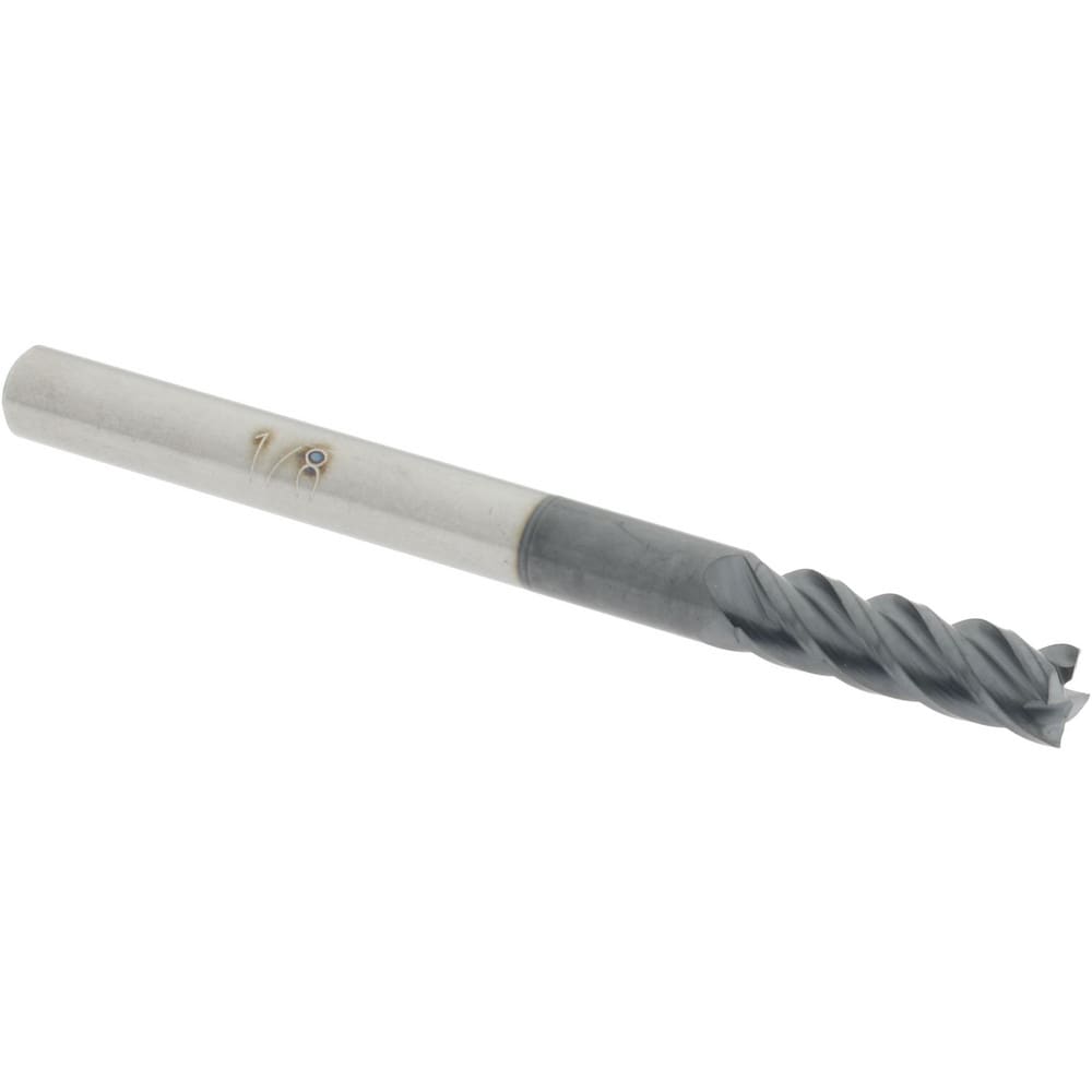 Square End Mill: 1/8'' Dia, 3/8'' LOC, 1/8'' Shank Dia, 1-1/2'' OAL, 4 Flutes, Solid Carbide