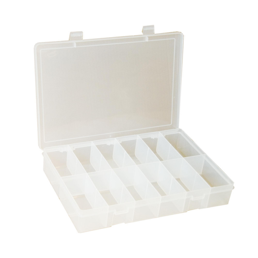 12 Compartment Clear Small Parts Compartment Box - 10-13/16" Wide x 1-3/4" High x 6-3/4" Deep, Polypropylene Frame, 3" Bin Width x 1-9/16" Bin Height x 1-11/16" Bin Depth
