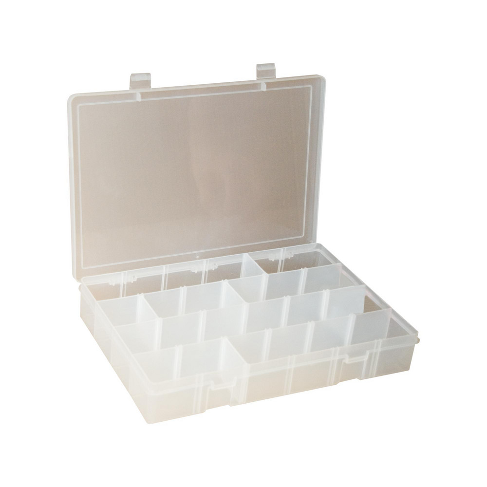 Adjustable Compartment Clear Small Parts Compartment Box - 10-13/16" Wide x 1-3/4" High x 6-3/4" Deep, Polypropylene Frame