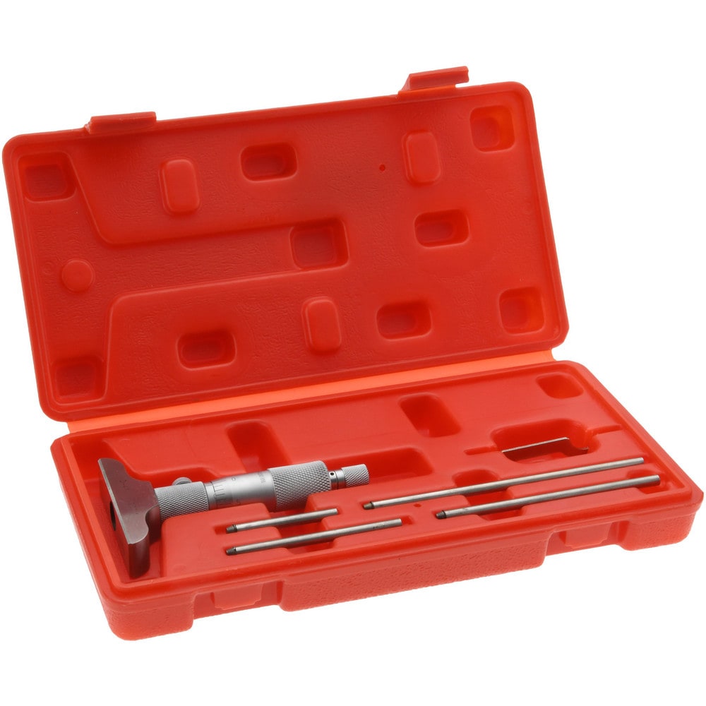 Mechanical Depth Micrometer: 4'' Range, 4 Rods, Satin Chrome Finish