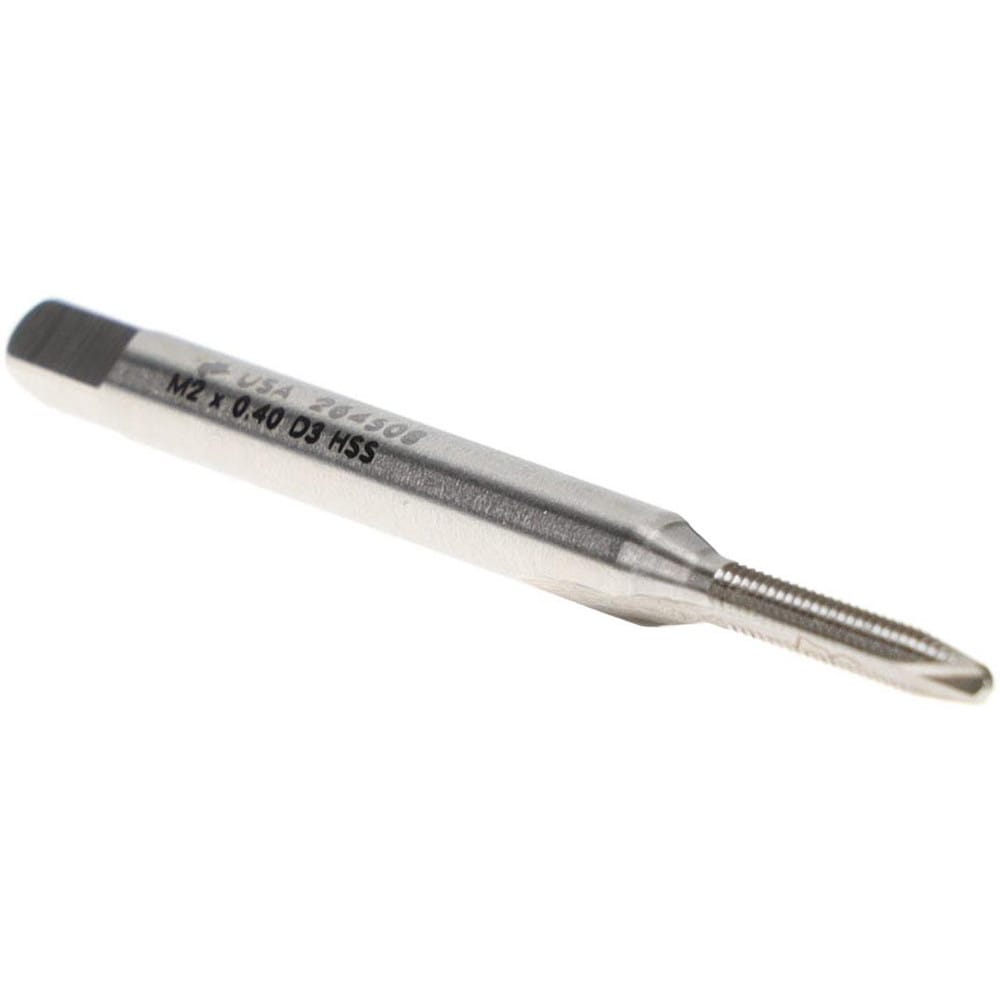 Spiral Point Tap: M2x0.40 Metric Coarse, 2 Flutes, Plug, 6H Class of Fit, High Speed Steel, Bright Finish