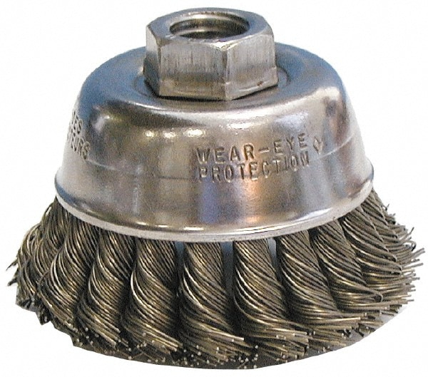 Cup Brush: 2-3/4" Dia, 0.02" Wire Dia, Stainless Steel, Knotted