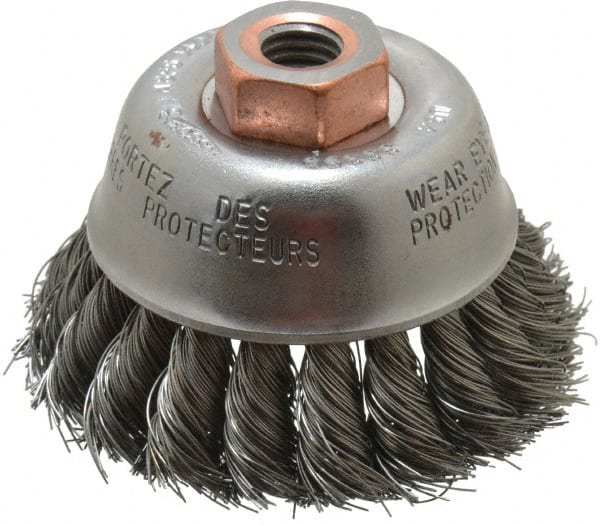 Cup Brush: 2-3/4" Dia, 0.014" Wire Dia, Steel, Knotted