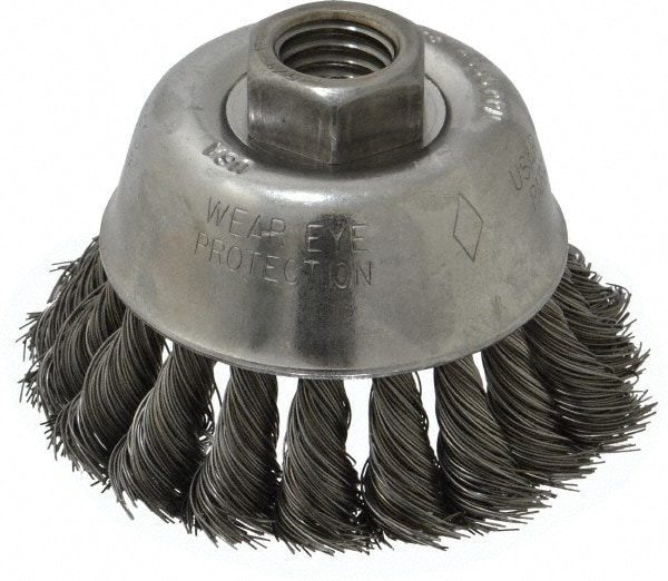 Cup Brush: 2-3/4" Dia, 0.014" Wire Dia, Steel, Knotted