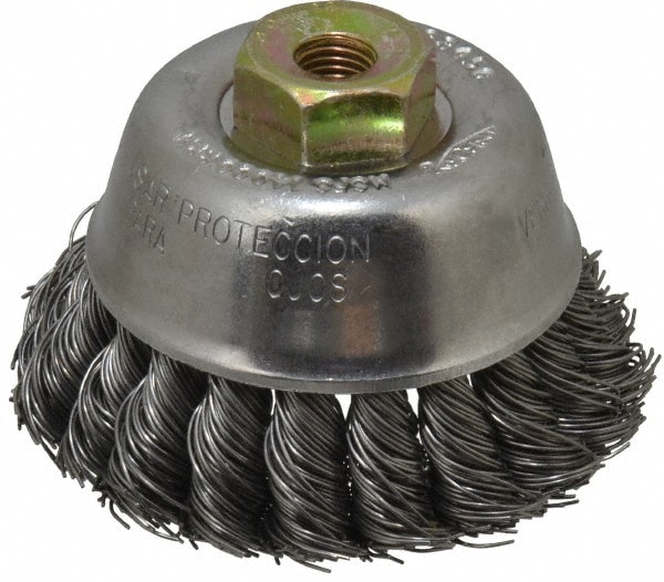 Cup Brush: 2-3/4" Dia, 0.02" Wire Dia, Steel, Knotted