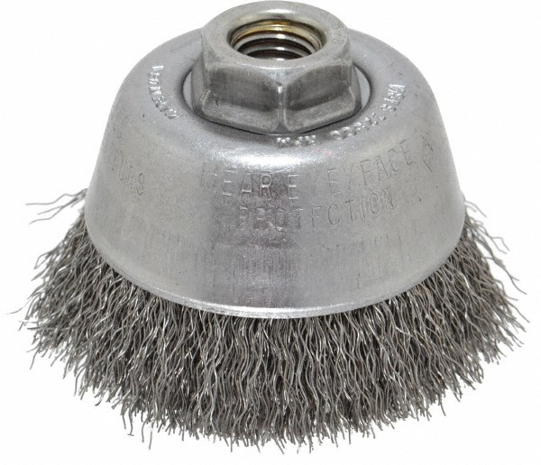 Cup Brush: 3-1/2" Dia, 0.014" Wire Dia, Steel, Crimped - 5/8-11 Arbor Hole, 7/8" Trim Length, 14,000 Max RPM