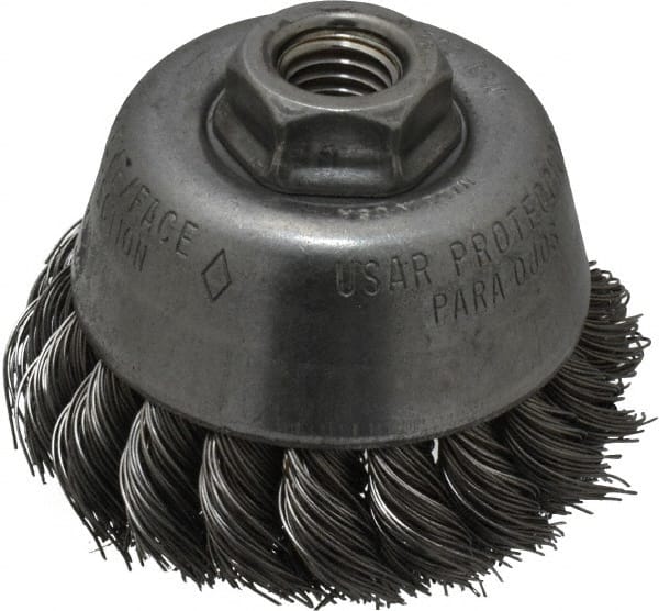 Cup Brush: 3-1/2" Dia, 0.02" Wire Dia, Steel, Knotted