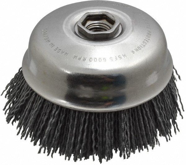 Cup Brush: 4" Dia, Nylon, Straight - 5/8-11 Arbor Hole, 1-1/2" Trim Length, 6,000 Max RPM