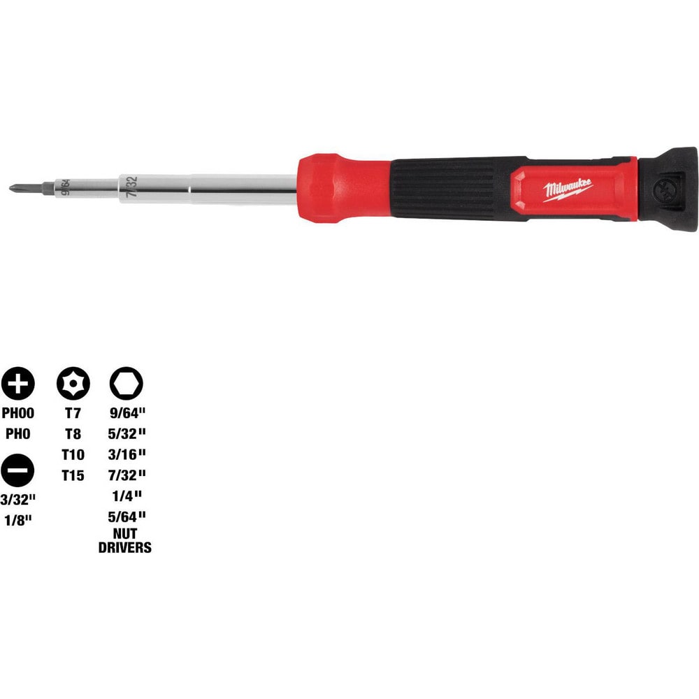 Bit Screwdrivers; Type: Multi-Bit Screwdriver ; Tip Type: Phillips; Torx; Slotted; Nut Driver ; Drive Size (TXT): 1/4 in ; Torx Size: T7; T8; TP10; TP15 ; Phillips Point Size: #00 - #0 ; Slotted Point Size: 3/32; 1/8