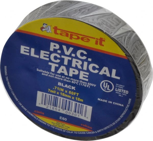Electrical Tape: 3/4" Wide, 60' Long, 7 mil Thick, Black