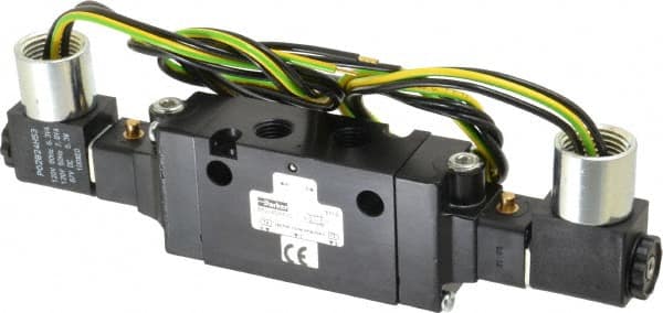 1/4" Inlet x 1/4" Outlet, Double Solenoid Actuator, Solenoid Return, 2 Position, Body Ported Solenoid Air Valve