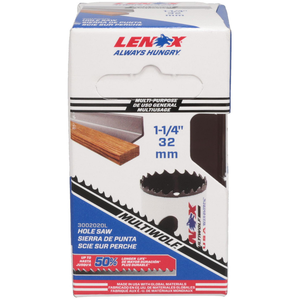 Lenox Hole Saw: 1-1/4" Saw Dia, 1-1/2" Cut Depth - Bi-Metal, Toothed Edge | Part #3002020L