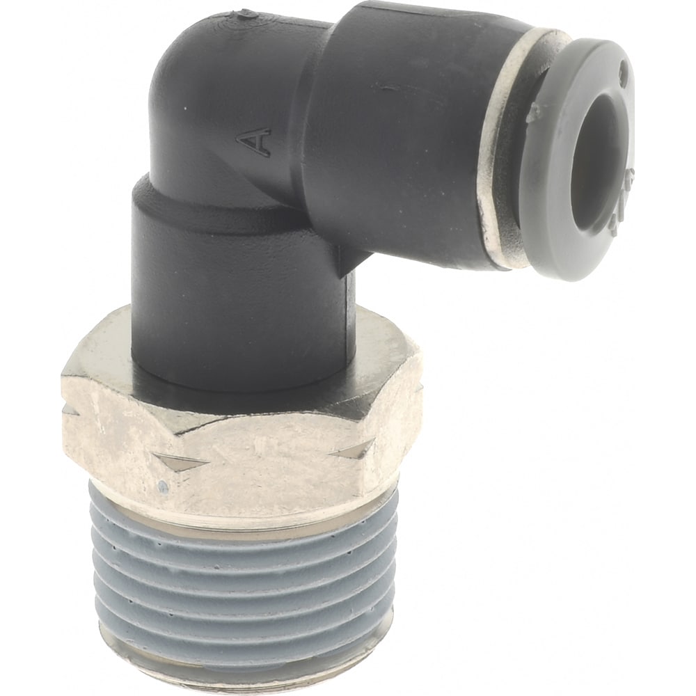 Push-To-Connect Tube to Male & Tube to Male NPT Tube Fitting: 90 ° Swivel Elbow, 3/8" Thread, 1/4" OD
