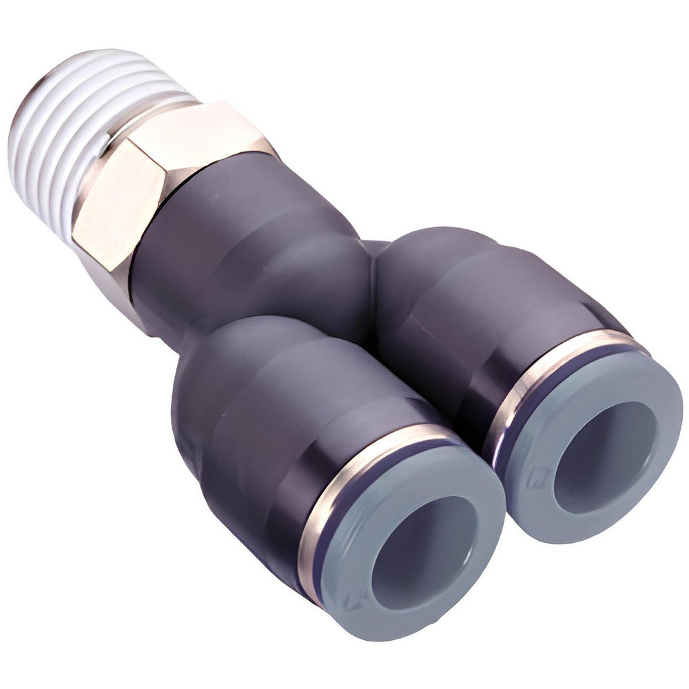 Push-To-Connect Tube to Male & Tube to Male NPT Tube Fitting: Swivel Y Adapter, 1/4" Thread, 3/8" OD