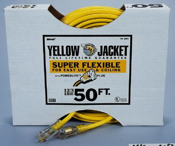 50', 12/3 Gauge/Conductors, Yellow Outdoor Extension Cord