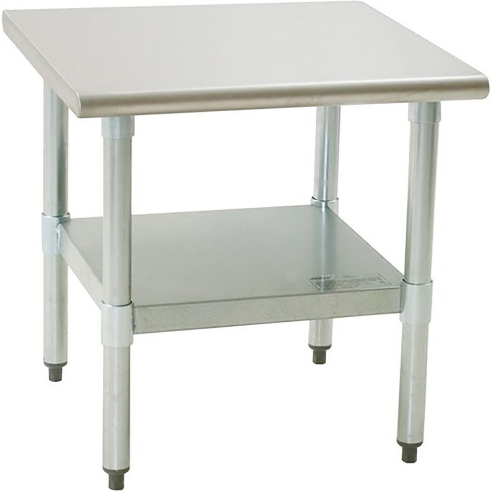 Work Table: 24" Wide, 24" Deep, 24" High, Polished, Stainless Steel Top, Stainless Steel Base, Gray - 600 lb Capacity, Rolled Edge, 1 Shelf, Assembled
