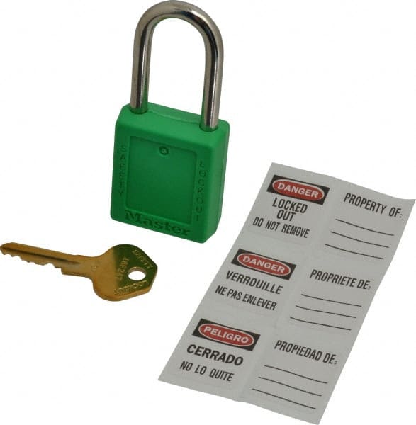 Master Lock 410KAS3GRN Lockout Padlock: Keyed Alike, Key Retaining, Thermoplastic, Plated Metal Shackle, Green 