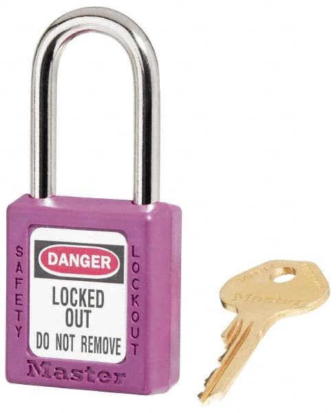 Master Lock 410KAS12PRP Lockout Padlock: Keyed Alike, Key Retaining, Thermoplastic, Plated Metal Shackle, Purple 