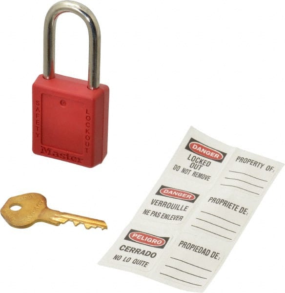 Master Lock 410KARED600F413 Lockout Padlock: Keyed Alike, Key Retaining, Thermoplastic, Steel Shackle, Red 