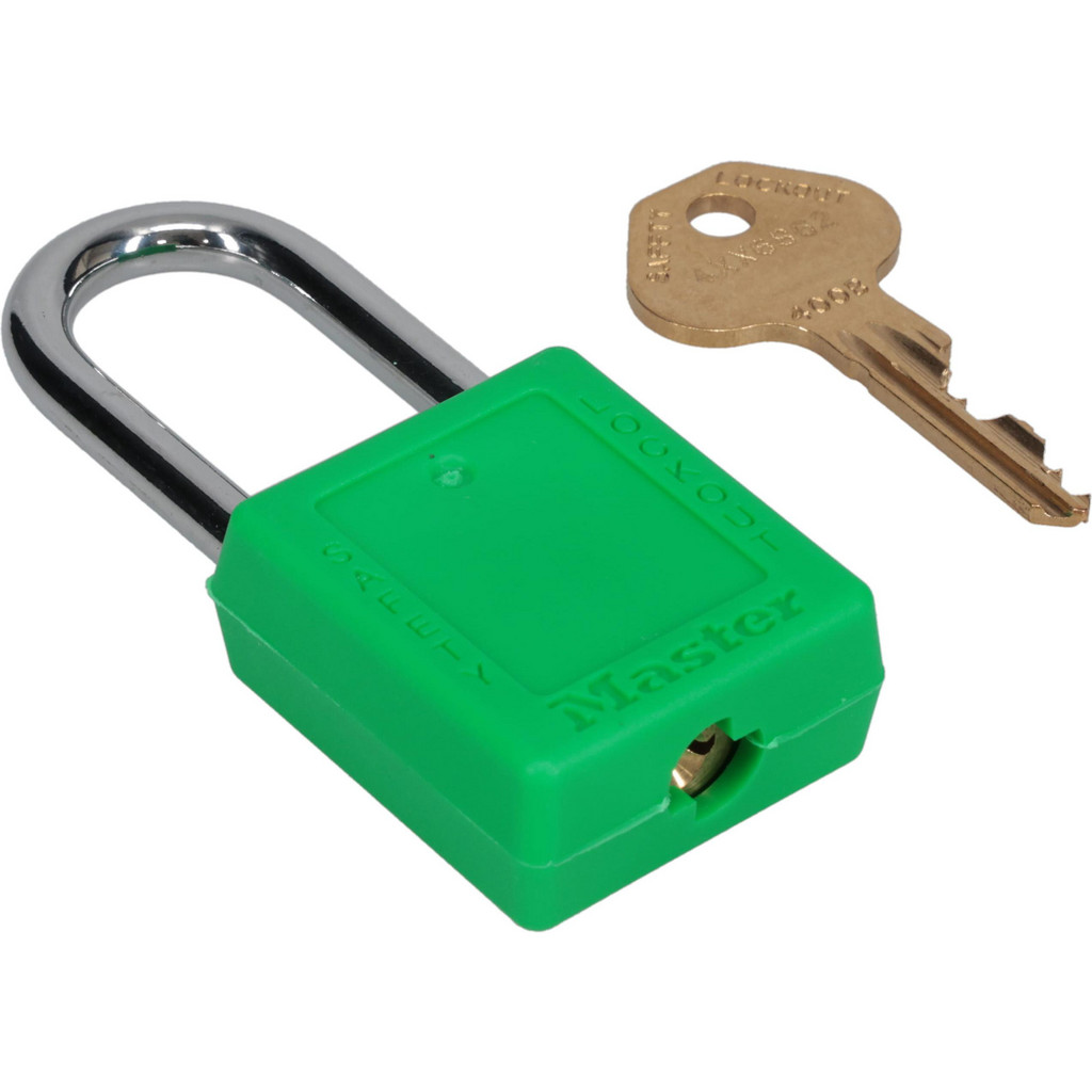Master Lock Lockout Padlock: Keyed Alike, Key Retaining, Thermoplastic, Steel Shackle, Green - 1/4" Shackle Dia, 1-3/4" Body Height, Non-Conductive