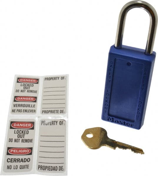 Master Lock 411BLU Lockout Padlock: Keyed Different, Key Retaining, Thermoplastic, Steel Shackle, Blue 