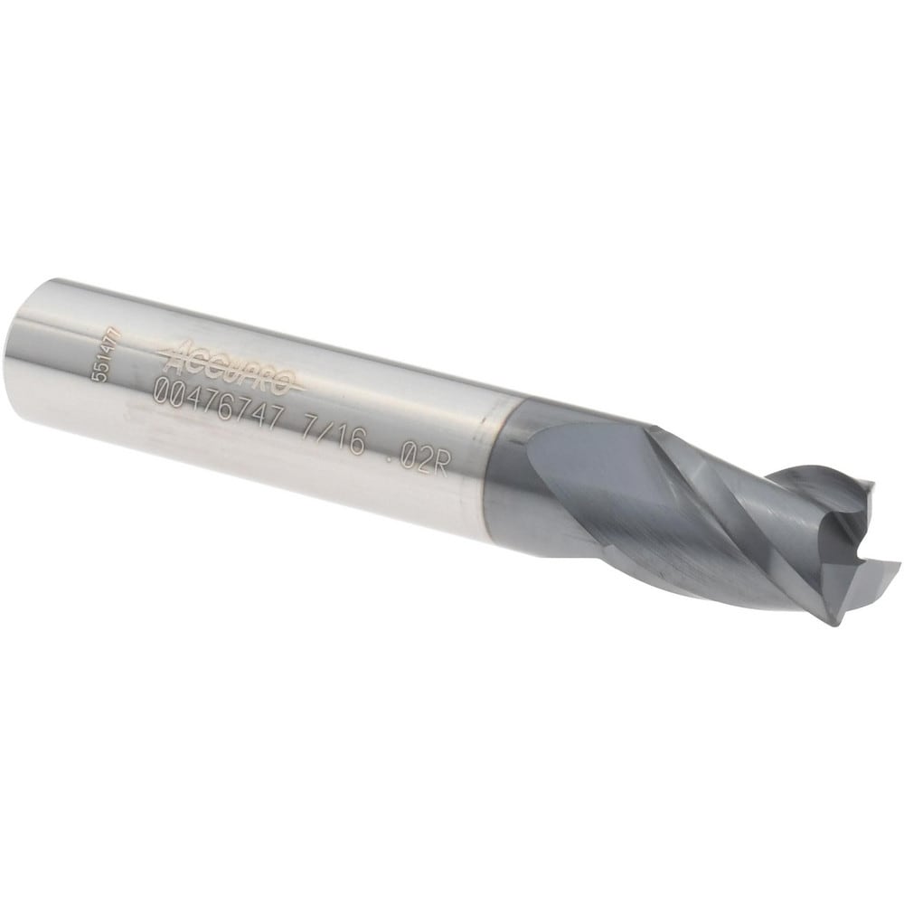 Corner Radius End Mill: 7/16" Dia, 9/16" LOC, 0.0200" Radius, 3 Flute, Solid Carbide