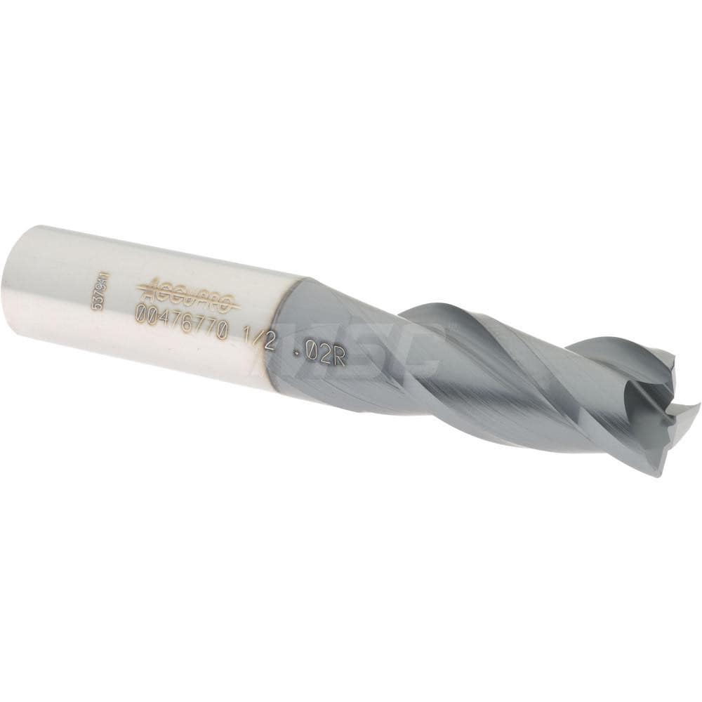 Accupro 12179684 Corner Radius End Mill: 1/2" Dia, 1-1/4" LOC, 0.02" Radius, 3 Flutes, Solid Carbide Image