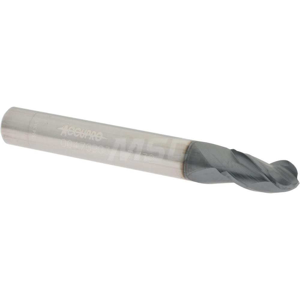 Ball End Mill: 0.2188" Dia, 0.375" LOC, 3 Flute, Solid Carbide