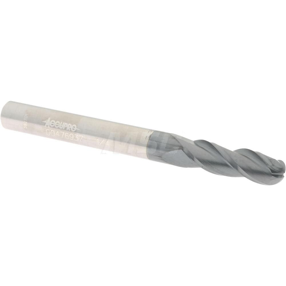 Ball End Mill: 0.25" Dia, 0.75" LOC, 3 Flute, Solid Carbide