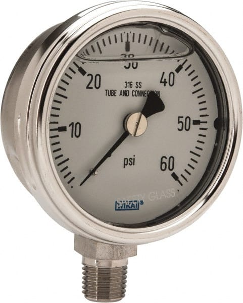 Pressure Gauge: 2-1/2" Dial, 0 to 60 psi, 1/4" Thread, NPT, Lower Mount