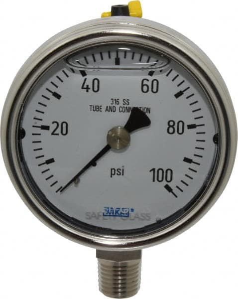 Pressure Gauge: 2-1/2" Dial, 0 to 100 psi, 1/4" Thread, NPT, Lower Mount