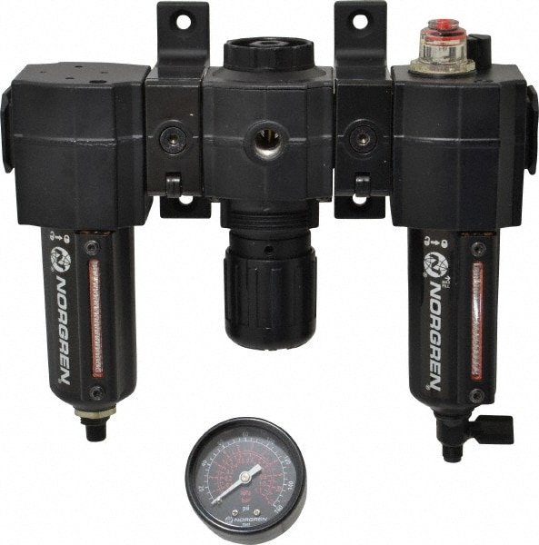 FRL Combination Unit: 3/8 NPT, Intermediate, 3 Pc Filter-Regulator-Lubricator with Pressure Gauge