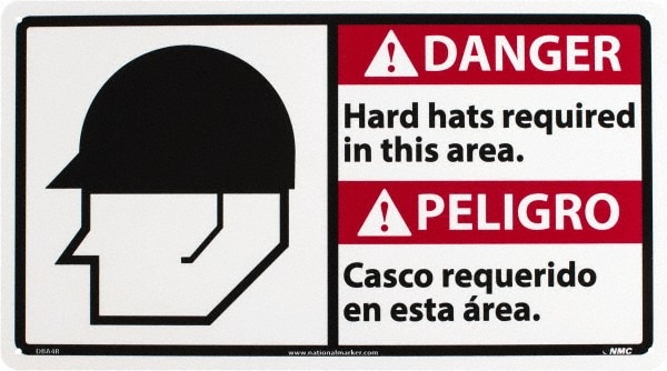 Accident Prevention Sign: Rectangle, "Danger, Hard hats required in this area. Casco requerido en esta C!rea."