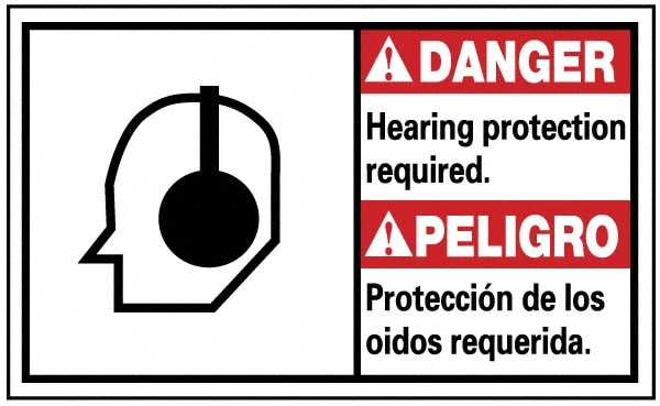 Security & Admittance Sign: Rectangle, "Danger, HEARING PROTECTION REQUIRED. PROTECCIC3N DE LOS OCDDOS REQUERIDA"