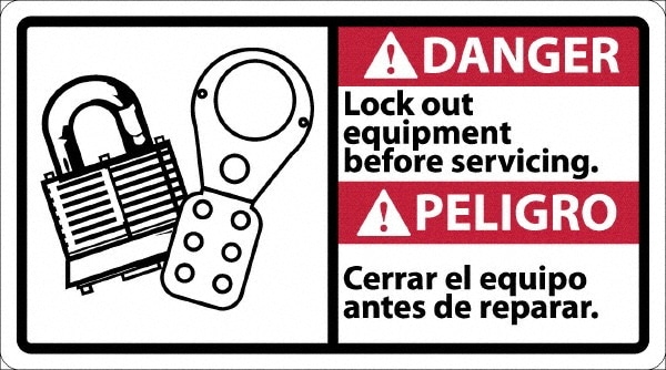 Security & Admittance Sign: Rectangle, "Danger, Lock out equipment before servicing. Cerrar el equipo antes de reparar."