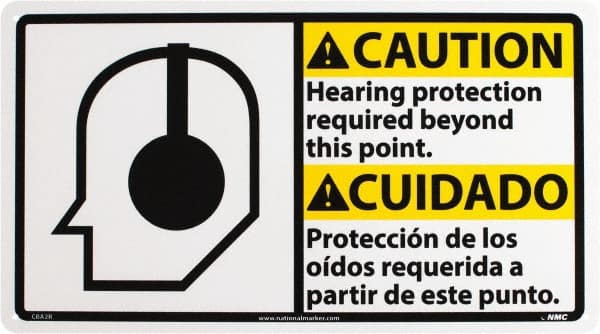 Sign: Rectangle, "Caution - Hearing Protection Required Beyond This Area"