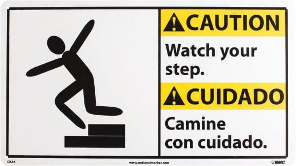 Accident Prevention Sign: Rectangle, "Caution, WATCH YOUR STEP CAMINE CON CUIDADO"