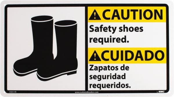 Accident Prevention Sign: Rectangle, "Caution, Safety shoes required. Zapatos de seguridad requeridos."