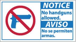 Security & Admittance Sign: Rectangle, "Notice, No handguns allowed. No se permiten armas."