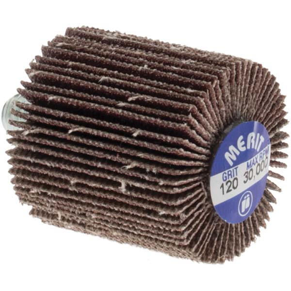 Mounted Flap Wheel: 1" Dia, 1" Face Width, 120 Grit, Ceramic Alumina - Coated, Fine Grade, 30000 Max RPM