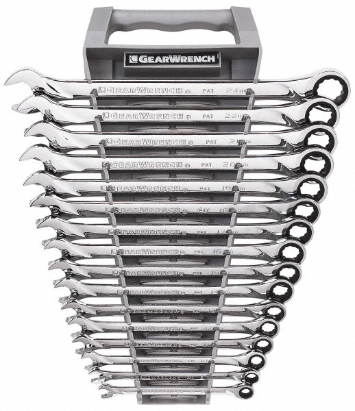 Combination Wrench Set: 16 Pc, 8 to 24 mm Wrench, Metric - 15 deg Head Offset Angle, Chrome Finish, Ratcheting