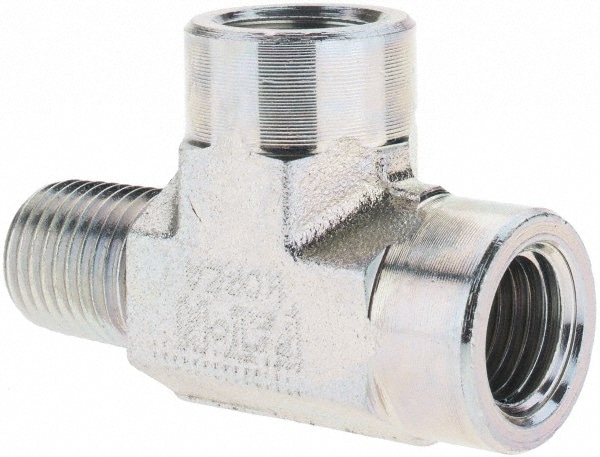 Industrial Pipe Tee: 1/4 x 1/4" Male Thread, MNPT x FNPT x FNPT