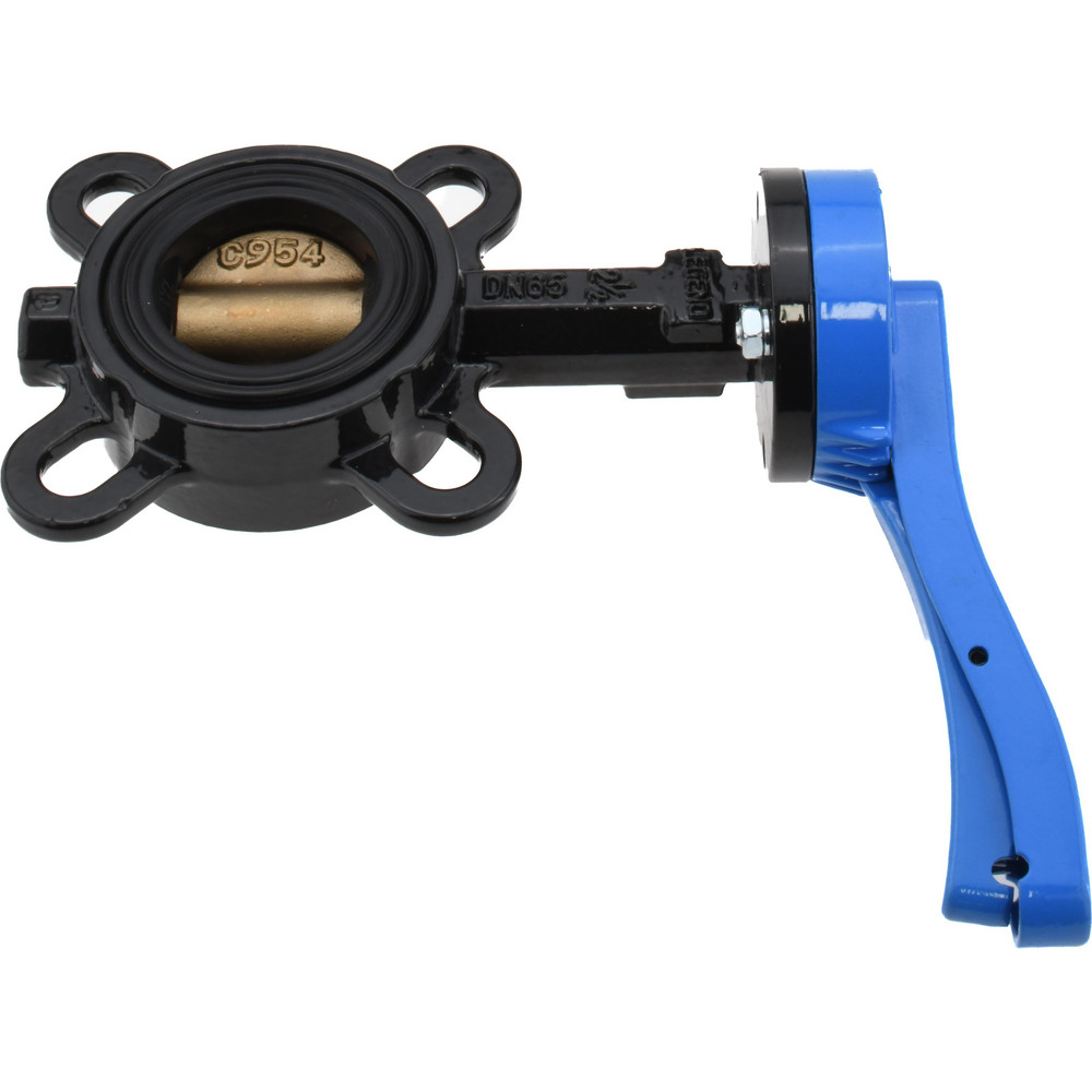 Manual Wafer Butterfly Valve: 2-1/2" Pipe, Lever Handle - Cast Iron Body, Aluminum Bronze Disc, Stainless Steel Stem