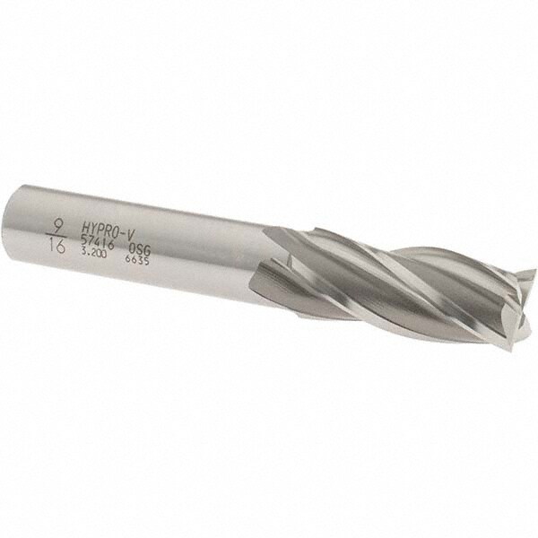 OSG 5741600 Square End Mill: 9/16 Dia, 1-3/8 LOC, 1/2 Shank Dia, 3-3/8 OAL, 4 Flutes, Vanadium High Speed Steel Image