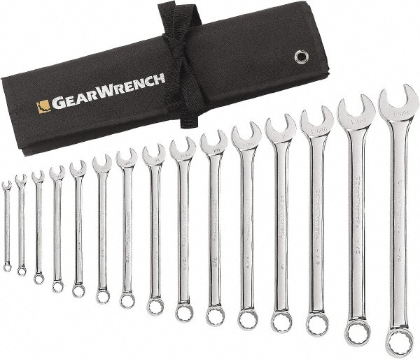 Combination Wrench Set: 15 Pc, 1" 1/2" 1/4" 11/16" 1-1/16" 11/32" 1-1/4" 1-1/8" 13/16" 15/16" 3/4" 3/8" 5/16" 5/8" 7/16" 7/8" 9/16" & 9/32" Wrench, Inch 